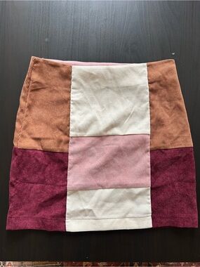 Francesca's Collections Patchwork Mini Skirt in Pink, Cream & Brown